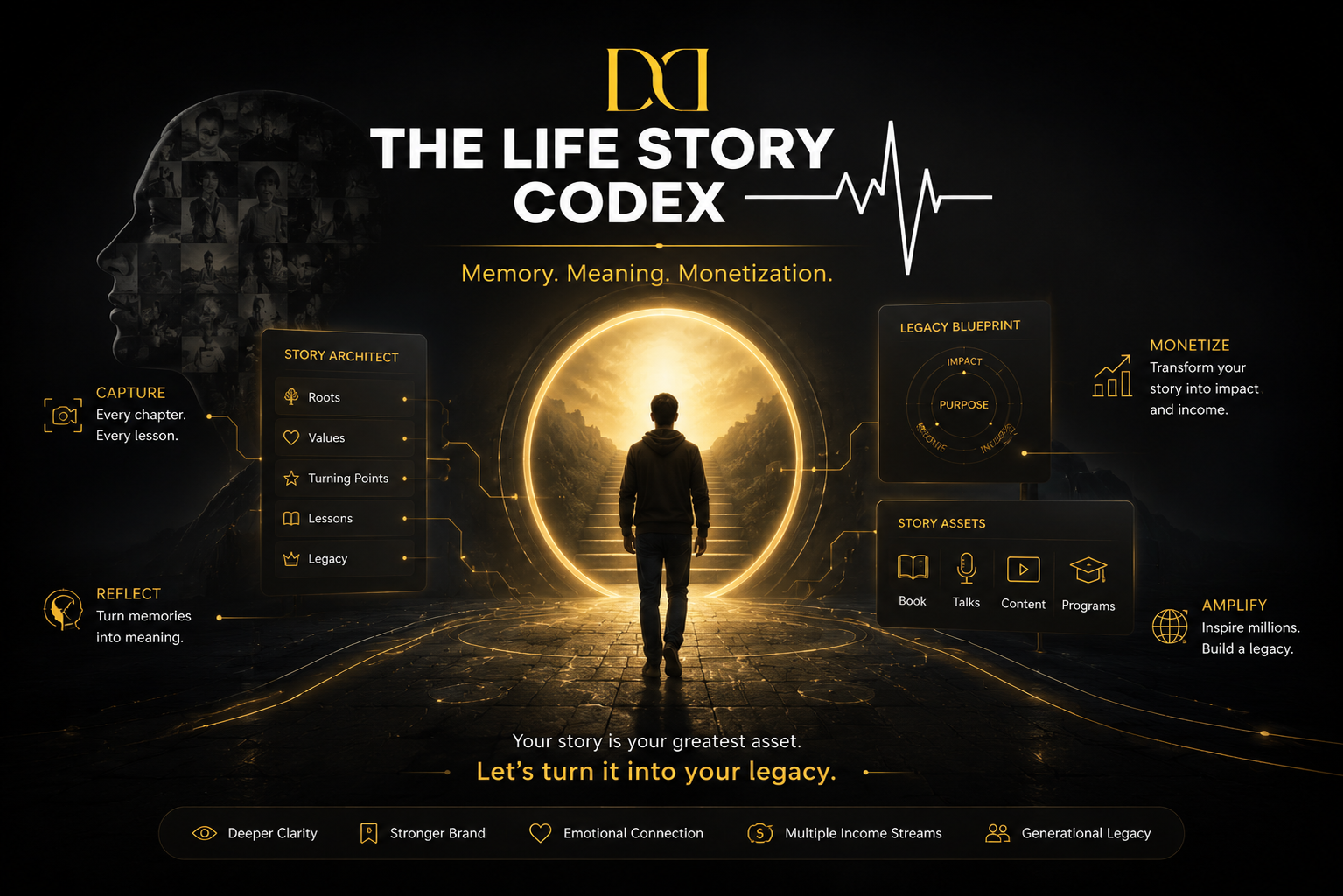 The Life Story Codex — a figure stepping through a luminous portal